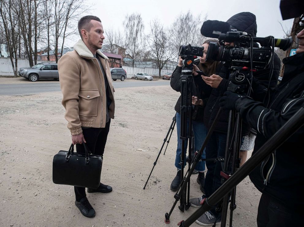 PHOTO: Lawyer Alexey Liptsner speaks with journalists in front of the check point of penal colony No.3 (IK-3) of the Federal Penitentiary Service Directorate for the Vladimir region of Russia on April 19, 2021.