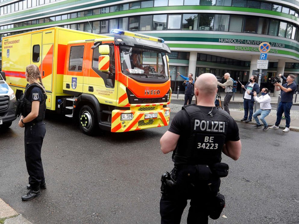 PHOTO: An ambulance which is believed to transport Alexei Navalny arrives at the Charite hospital in Berlin, Aug. 22, 2020.