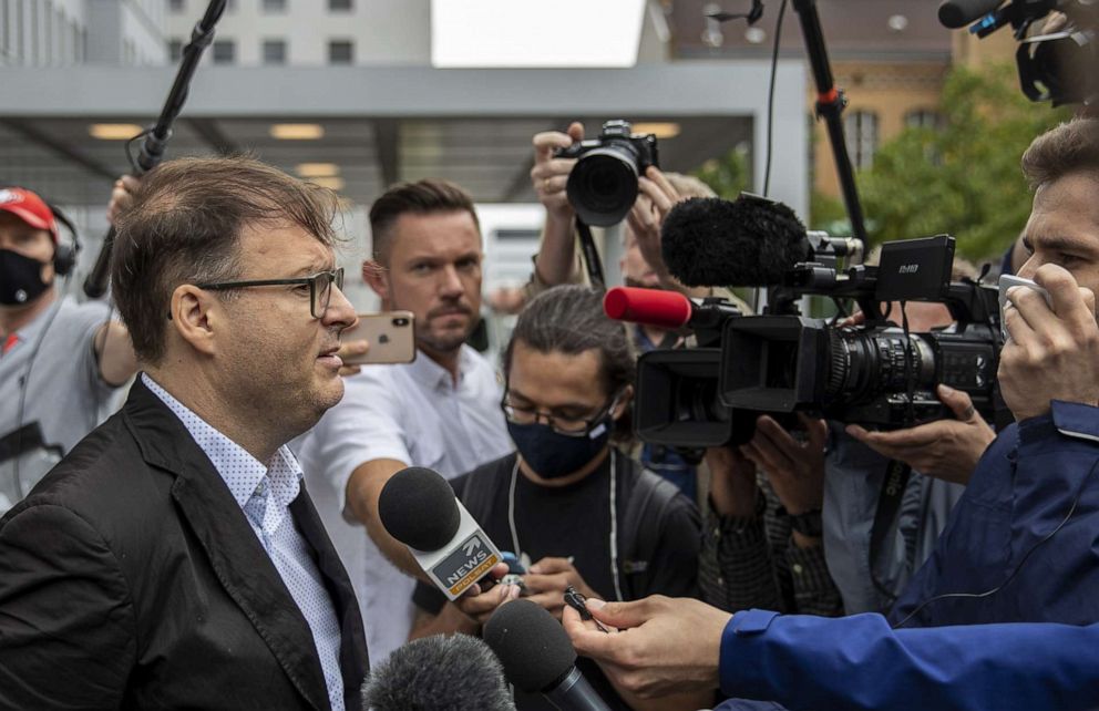 PHOTO: Jaka Bizilj, founder of Cinema For Peace, speaks to the media outside the Charite Hospital where Russian politician Alexei Navalny is being treated, on Aug. 22, 2020, in Berlin.
