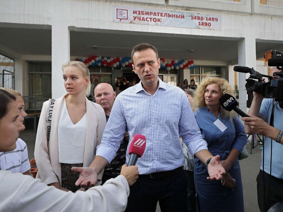 PHOTO: Russian opposition candidate Alexei Navalny speaks to reporters after voting in the Moscow City Duma elections in Moscow, Sept. 8, 2019.