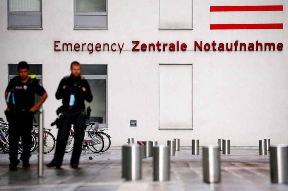 PHOTO: Police officers stand outside the Charite Mitte Hospital Complex, where Russian opposition leader Alexei Navalny is receiving medical treatment, in Berlin, Aug. 24, 2020. 