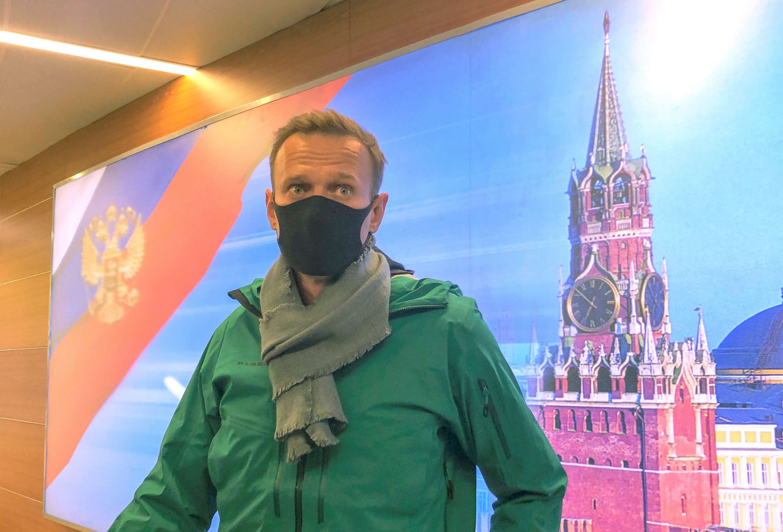 PHOTO: Russian opposition leader Alexei Navalny speaks with journalists upon the arrival at Sheremetyevo airport in Moscow, Jan. 17, 2021.