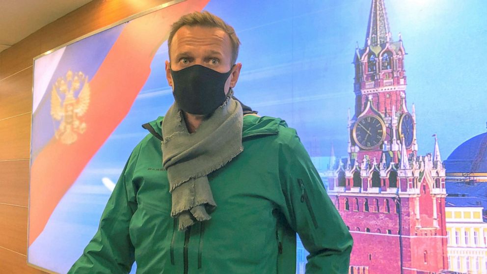 PHOTO: Russian opposition leader Alexei Navalny speaks with journalists upon the arrival at Sheremetyevo airport in Moscow, Jan. 17, 2021.