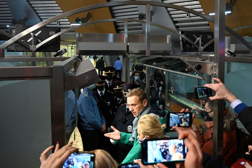 PHOTO: Russian opposition leader Alexei Navalny is seen at the passport control point at Moscow's Sheremetyevo airport on Jan. 17, 2021.