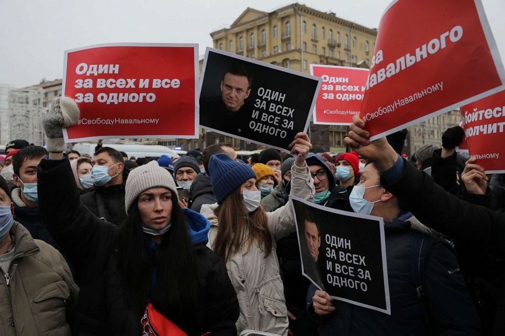 PHOTO: People take part in an unauthorized protest rally against of jailing of opposition leader Alexei Navalny, Jan. 23, 2021, in Moscow.