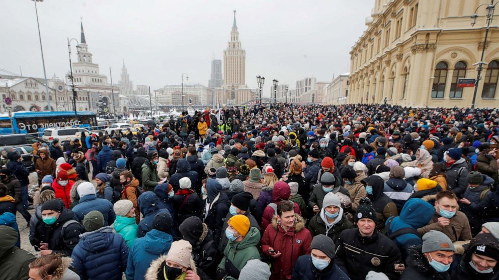 PHOTO: Protestors rally in support of jailed Russian opposition leader Alexei Navalny in Moscow, Russia, Jan. 31, 2021.