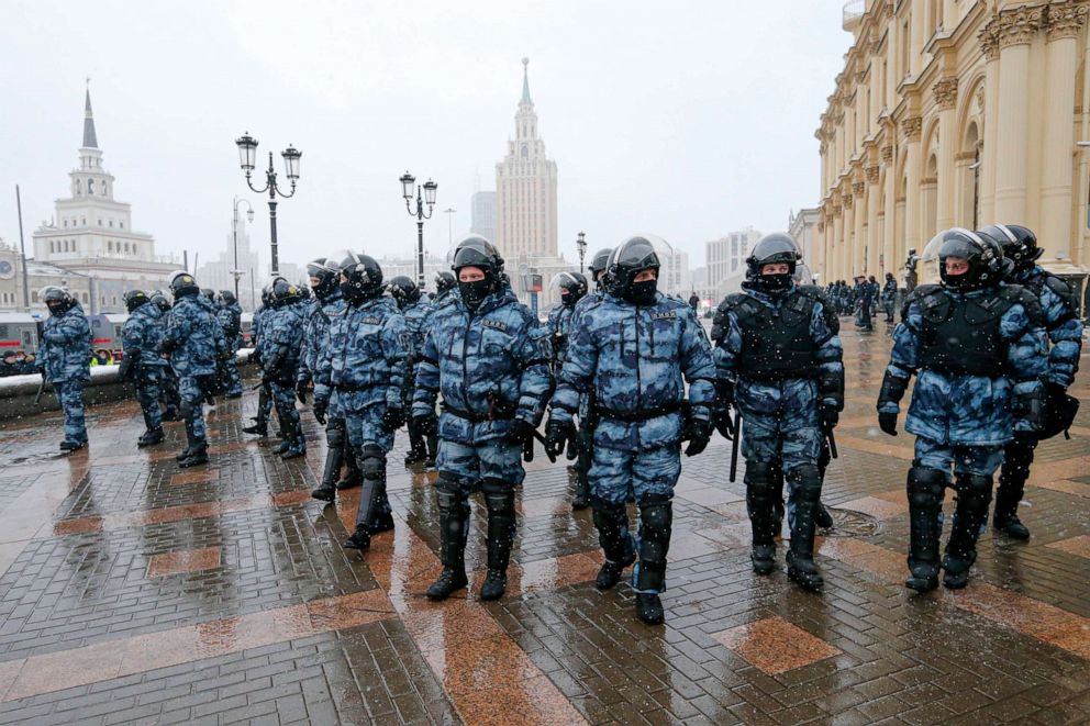 PHOTO: Riot police block an area protecting against demonstrators during a protest against the jailing of opposition leader Alexei Navalny in Moscow, Russia, Jan. 31, 2021.