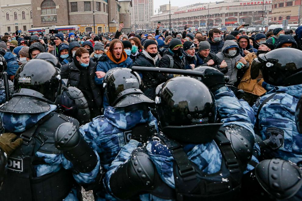 PHOTO: People clash with police during a protest against the jailing of opposition leader Alexei Navalny in Moscow, Jan. 31, 2021.