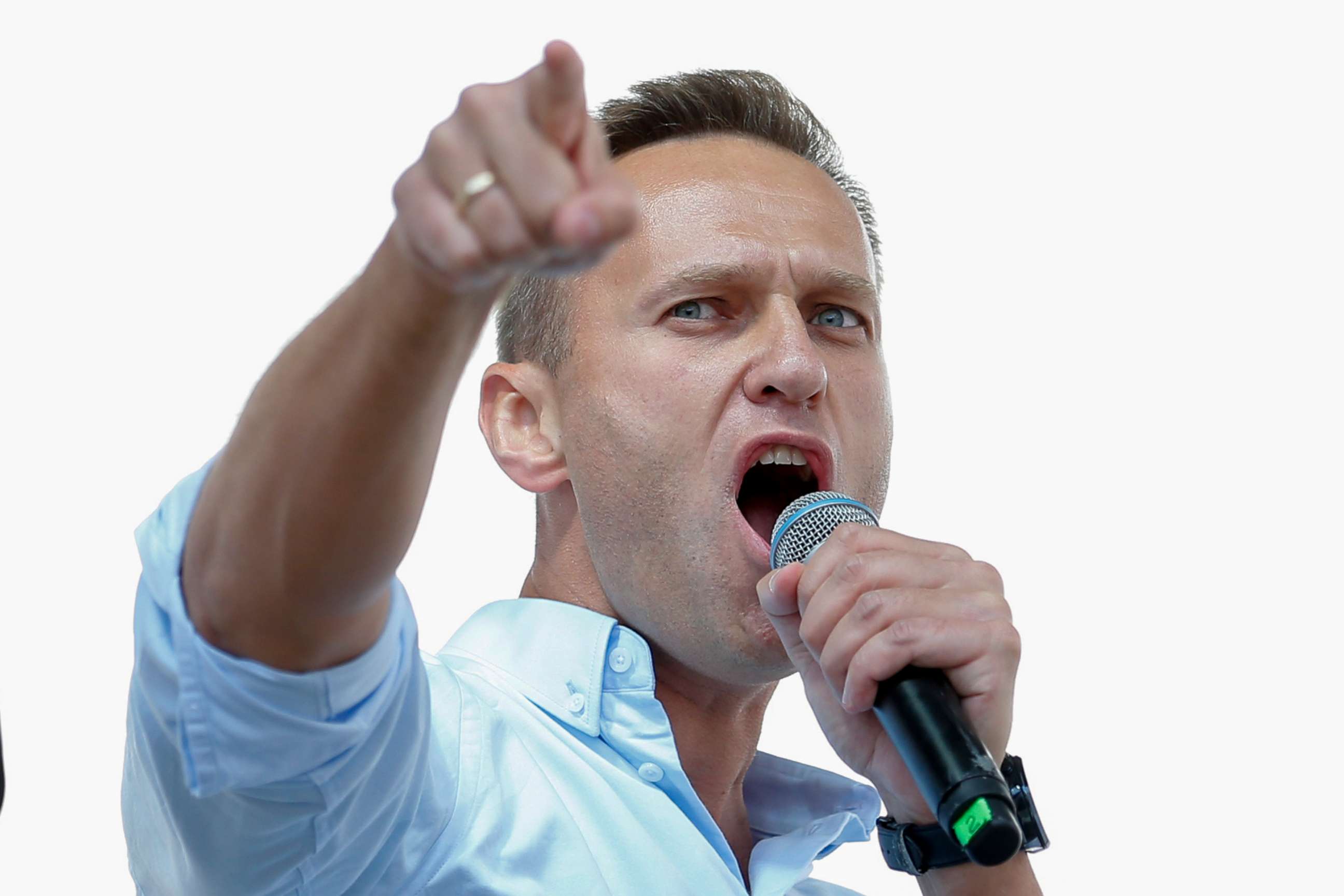 PHOTO: (FILES) In this file photo taken on July 20, 2019 Russian opposition leader Alexei Navalny addresses demonstrators during a rally to support opposition and independent candidates. 