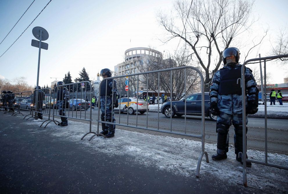 PHOTO: Law enforcement officers stand guard near a court building before the trial of Russian opposition leader Alexei Navalny, who is accused of flouting the terms of a suspended sentence for embezzlement, in Moscow, Russia February 2, 2021. 