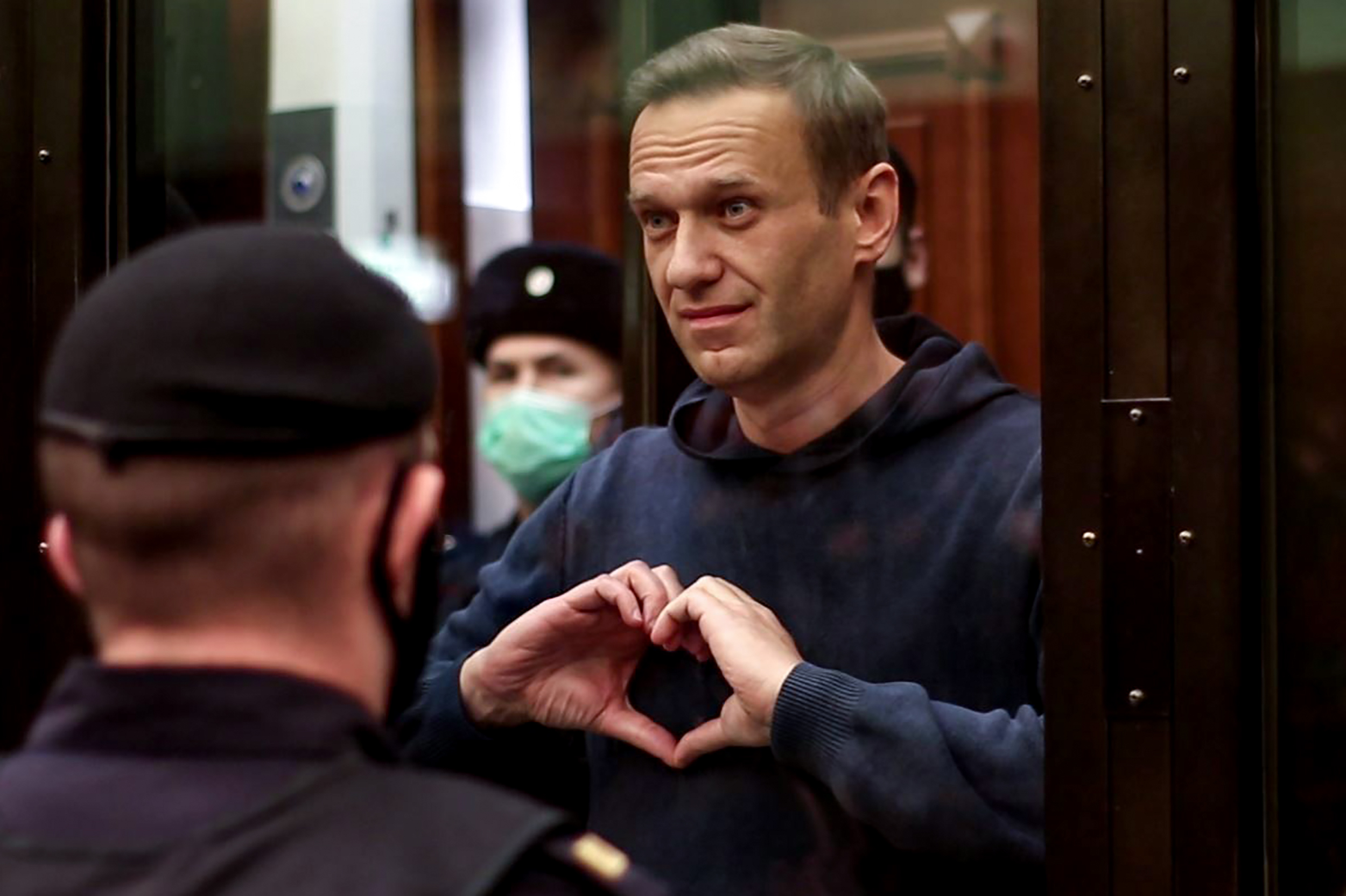 PHOTO: This screen grab from handout footage provided by the Moscow City Court press service shows Russian opposition leader Alexei Navalny, charged with violating the terms of a 2014 suspended sentence, during a hearing in Moscow on Feb. 2, 2021.