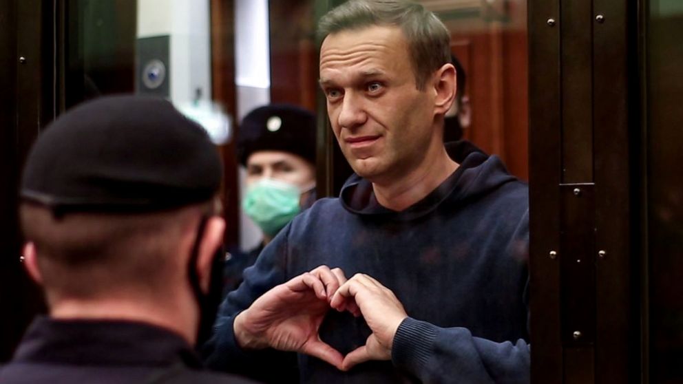 PHOTO: This screen grab from handout footage provided by the Moscow City Court press service shows Russian opposition leader Alexei Navalny, charged with violating the terms of a 2014 suspended sentence, during a hearing in Moscow on Feb. 2, 2021.