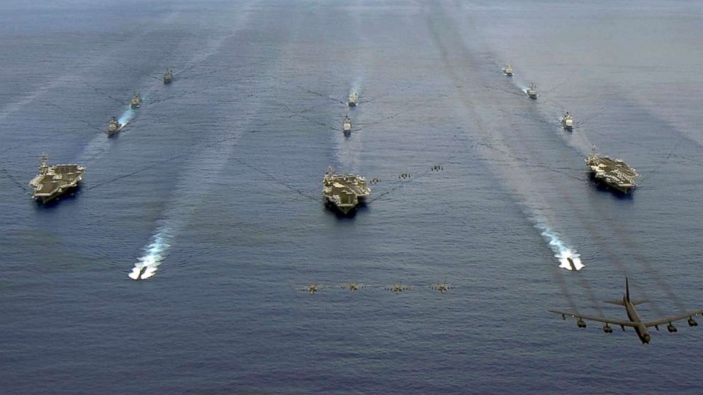 USS Nimitz (CVN 68), USS Kitty Hawk (CV 63), and USS John C. Stennis (CVN 74) carrier strike groups steam in formation during a joint photo exercise (PHOTOEX) during exercise Valiant Shield Aug. 14, 2007.

