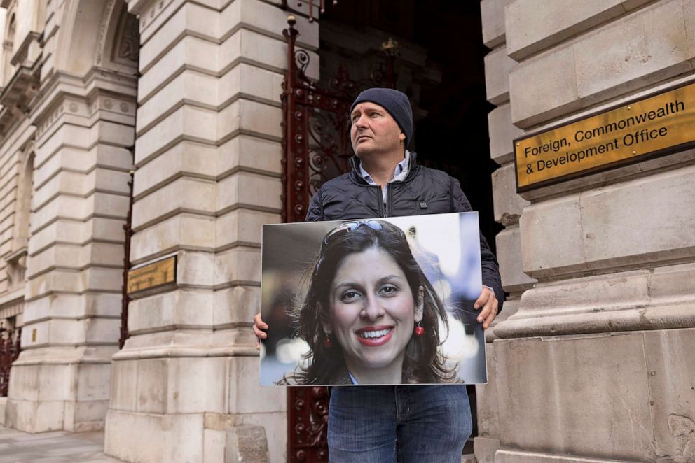 PHOTO: Richard Ratcliffe protests outside the Foreign Office while on hunger strike to lobby the UK foreign secretary to bring his wife, Nazanin Zaghari-Ratcliffe home from detention in Iran, on Oct. 25, 2021 in London.