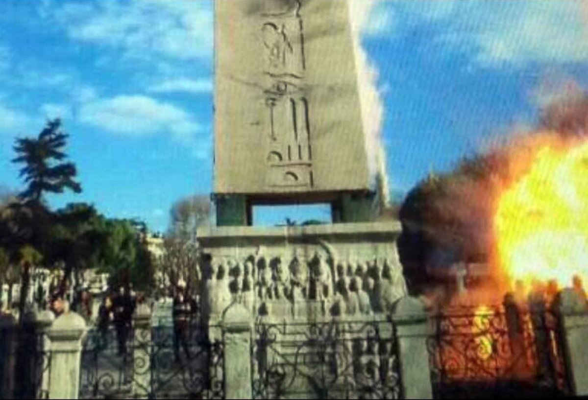 PHOTO: An image taken from bystander video purports to show an explosion near the Roman obelisk in Istanbul's Sultanahmet district that killed 10 people on Jan. 12, 2016.