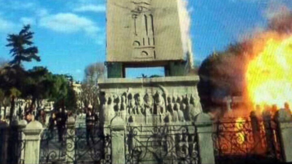 PHOTO: An image taken from bystander video purports to show an explosion near the Roman obelisk in Istanbul's Sultanahmet district that killed 10 people on Jan. 12, 2016.