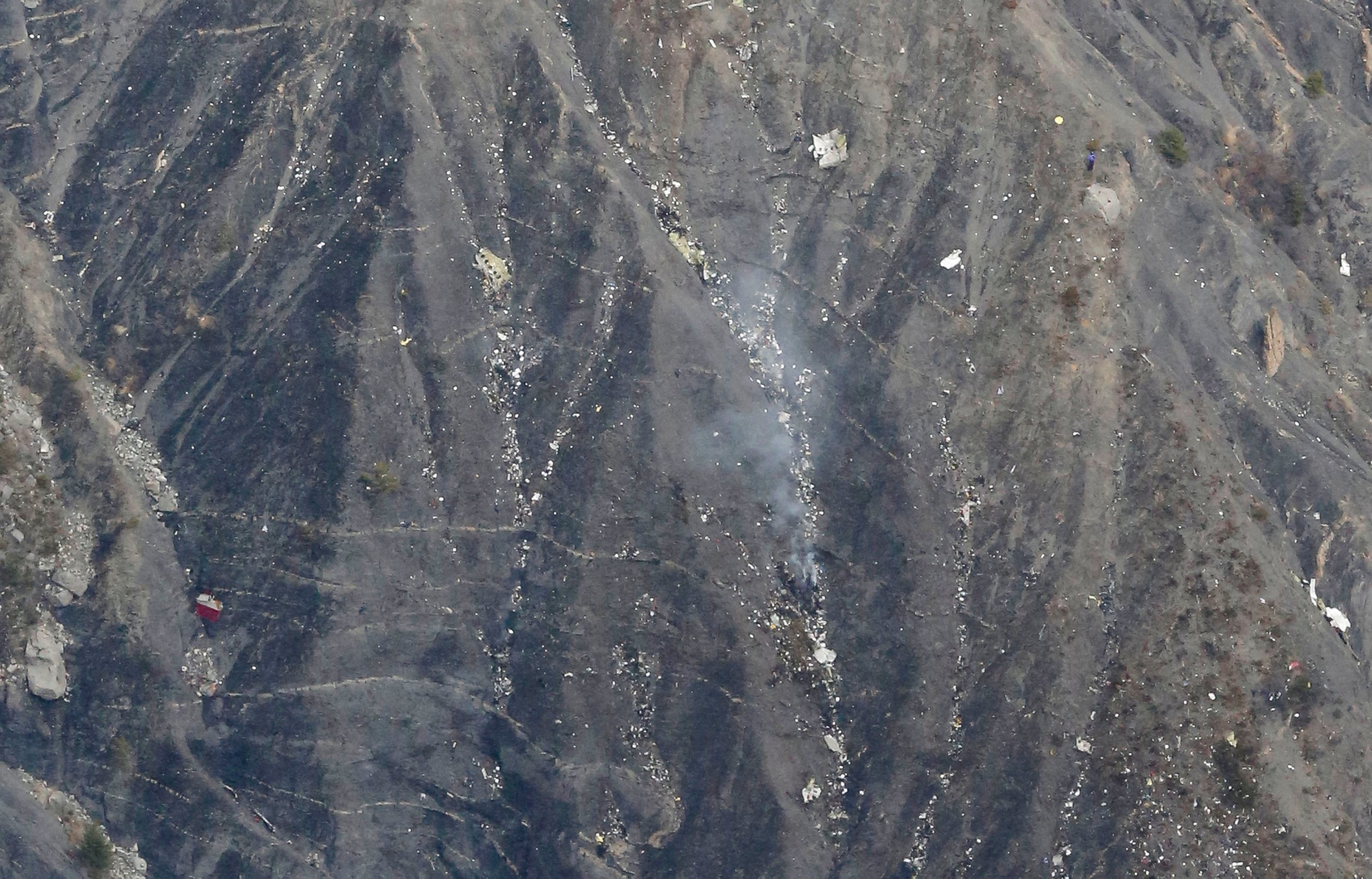 PHOTO: This aerial photo show what appears to be wreckage from the Airbus A320 plane crash near the town of Digne in the French Alps, March 24, 2015.