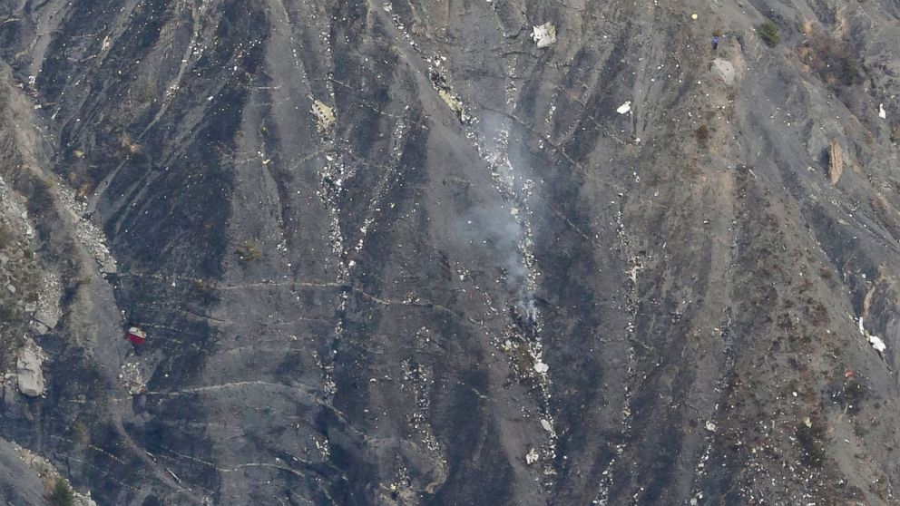 PHOTO: This aerial photo show what appears to be wreckage from the Airbus A320 plane crash near the town of Digne in the French Alps, March 24, 2015.