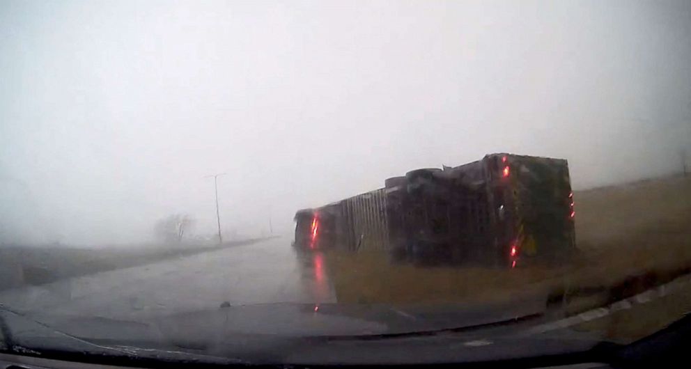 PHOTO: A truck toppled by high winds lies on the side of a road in Lincoln, Nebraska, Dec. 15, 2021.