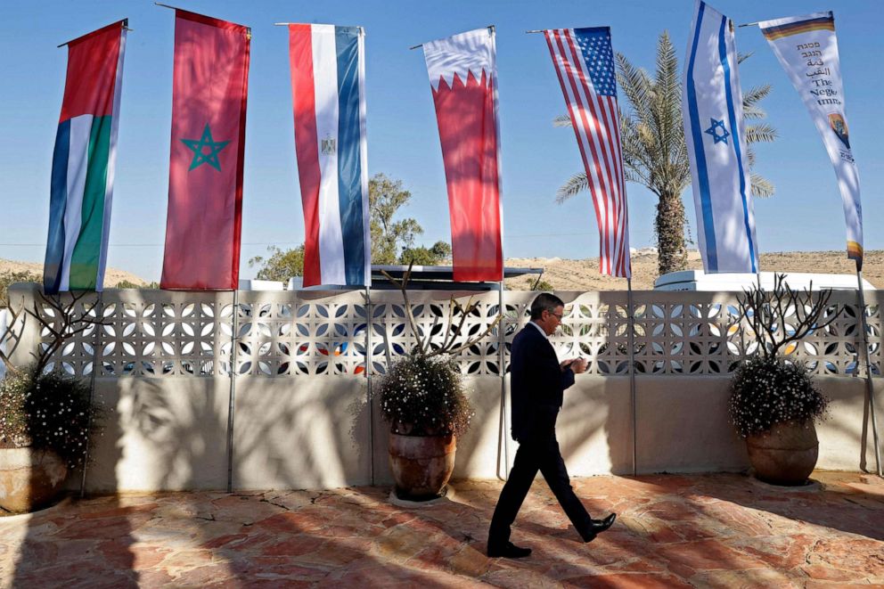 PHOTO: Flags are set up during Israel's Negev summit, to be attended by the U.S. secretary of state and the foreign ministers of Israel, Egypt, Bahrain, the UAE, and Morocco, on March 28, 2022.