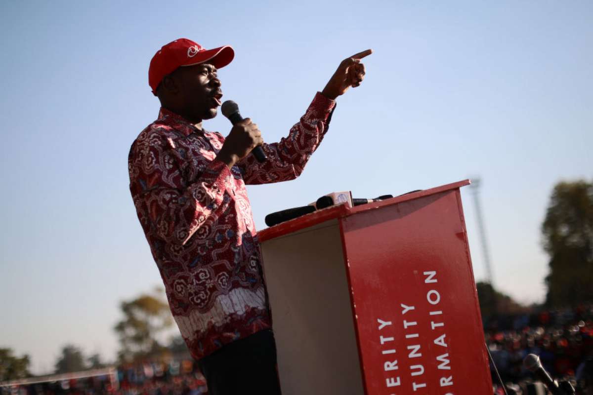 PHOTO: Leader and opposition presidential candidate Nelson Chamisa speaks during a rally on July 26, 2018 in Chitungwiza, Zimbabwe.