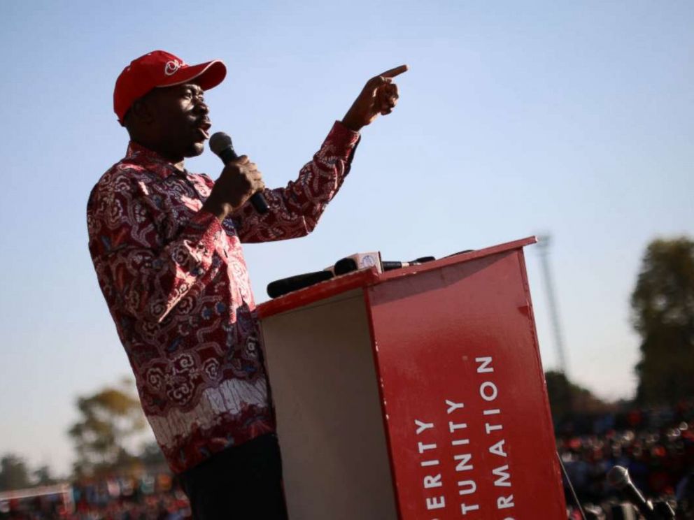 PHOTO: Leader and opposition presidential candidate Nelson Chamisa speaks during a rally on July 26, 2018 in Chitungwiza, Zimbabwe.