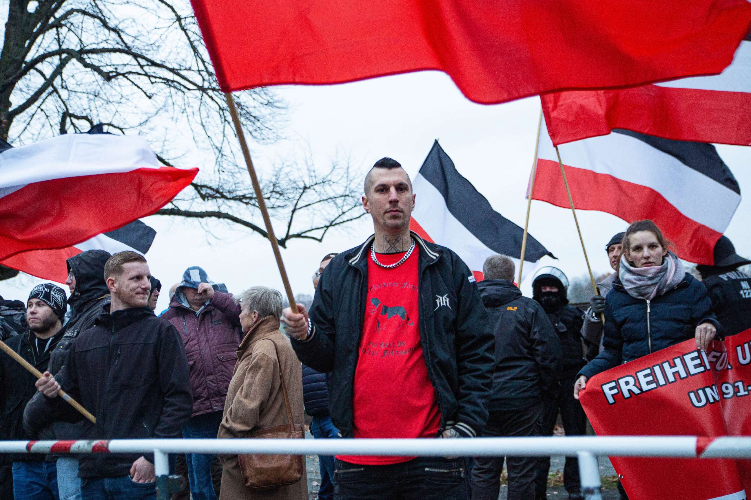 PHOTO: Robin Schmiemann during a neo-Nazi and right-wing supporters protest march to voice their anger at the reporting by journalists Julian Feldmann, David Janzen and Andre Aden on Nov. 23, 2019 in Hanover, Germany.