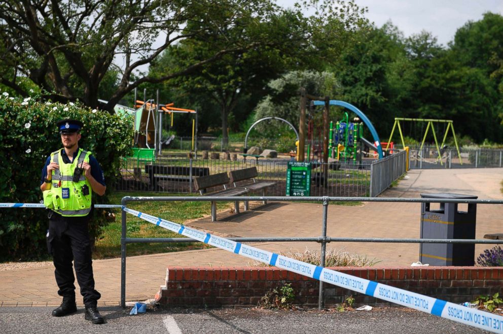 PHOTO: A police officer stands at a cordon by a play park at Queen Elizabeth Gardens in Salisbury, southern England, on July 5, 2018.