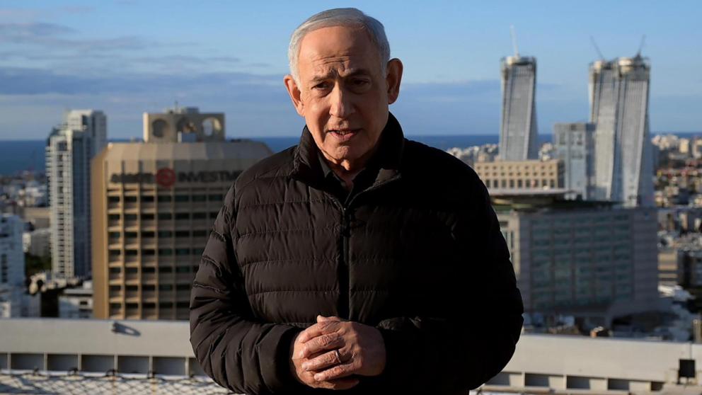 PHOTO: Israeli Prime Minister Benjamin Netanyahu delivers an address from the roof of the Kirya in Tel Aviv, Israel, March 1, 2026.