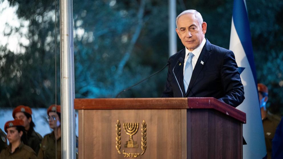 PHOTO: Israeli Prime Minister Benjamin Netanyahu speaks at the state memorial for Ze'ev Jabotinsky, at Mount Herzl Military Cemetery in Jerusalem, Aug. 4, 2024.