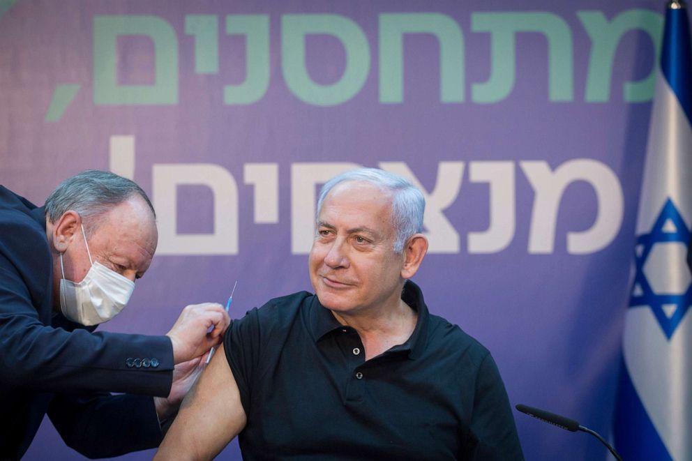 PHOTO: Israeli Prime Minister Minister Benjamin Netanyahu receives the second Pfizer-BioNTech COVID-19 vaccine at Sheba Medical Center in Ramat Gan, Israel, Jan. 9, 2021.