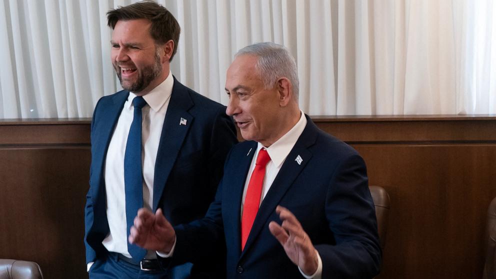 PHOTO: U.S. Vice President JD Vance meets with Israeli Prime Minister Benjamin Netanyahu at the prime minister's office in Jerusalem on Oct. 22, 2025.
