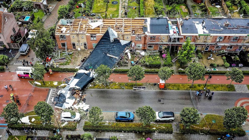 PHOTO: An aerial view shows the damage to the roof of adjacent buildings after a tornado ripped through the southwestern seaside city of Zierikzee, Netherlands, June 27, 2022.