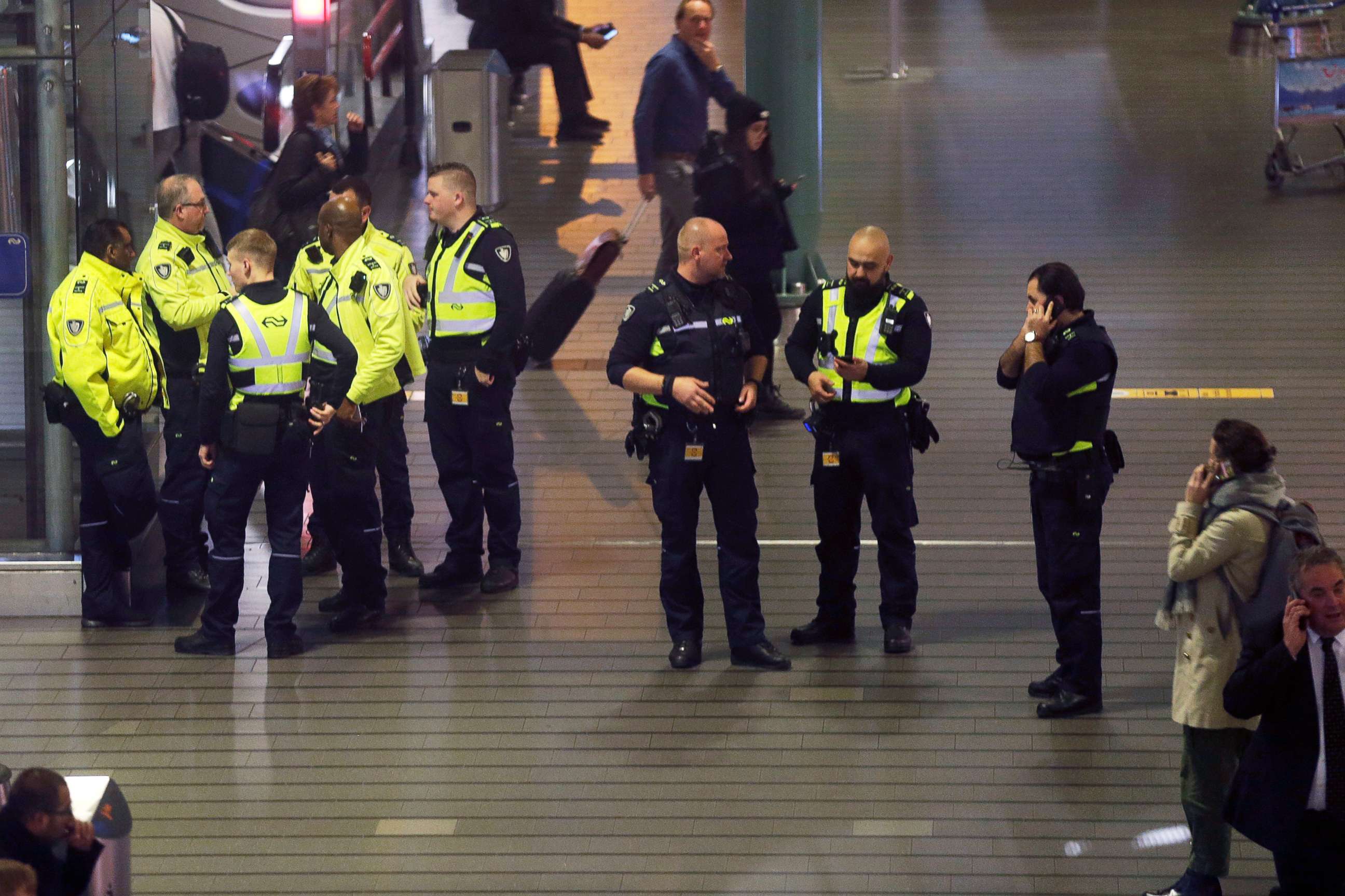 PHOTO: Dutch police stand around at Schiphol airport in Amsterdam, Netherlands,  Nov. 6, 2019.