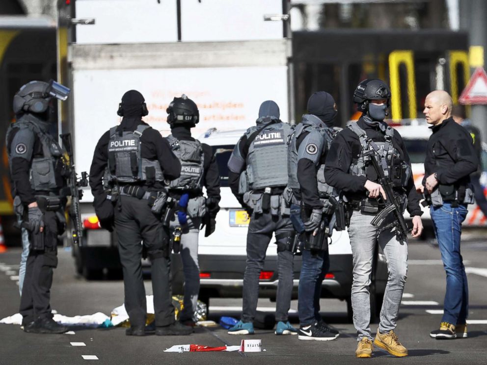 PHOTO: Armed police at the scene where a shooting took place at the 24 Oktoberplace in Utrecht, The Netherlands, March 18, 2019. 