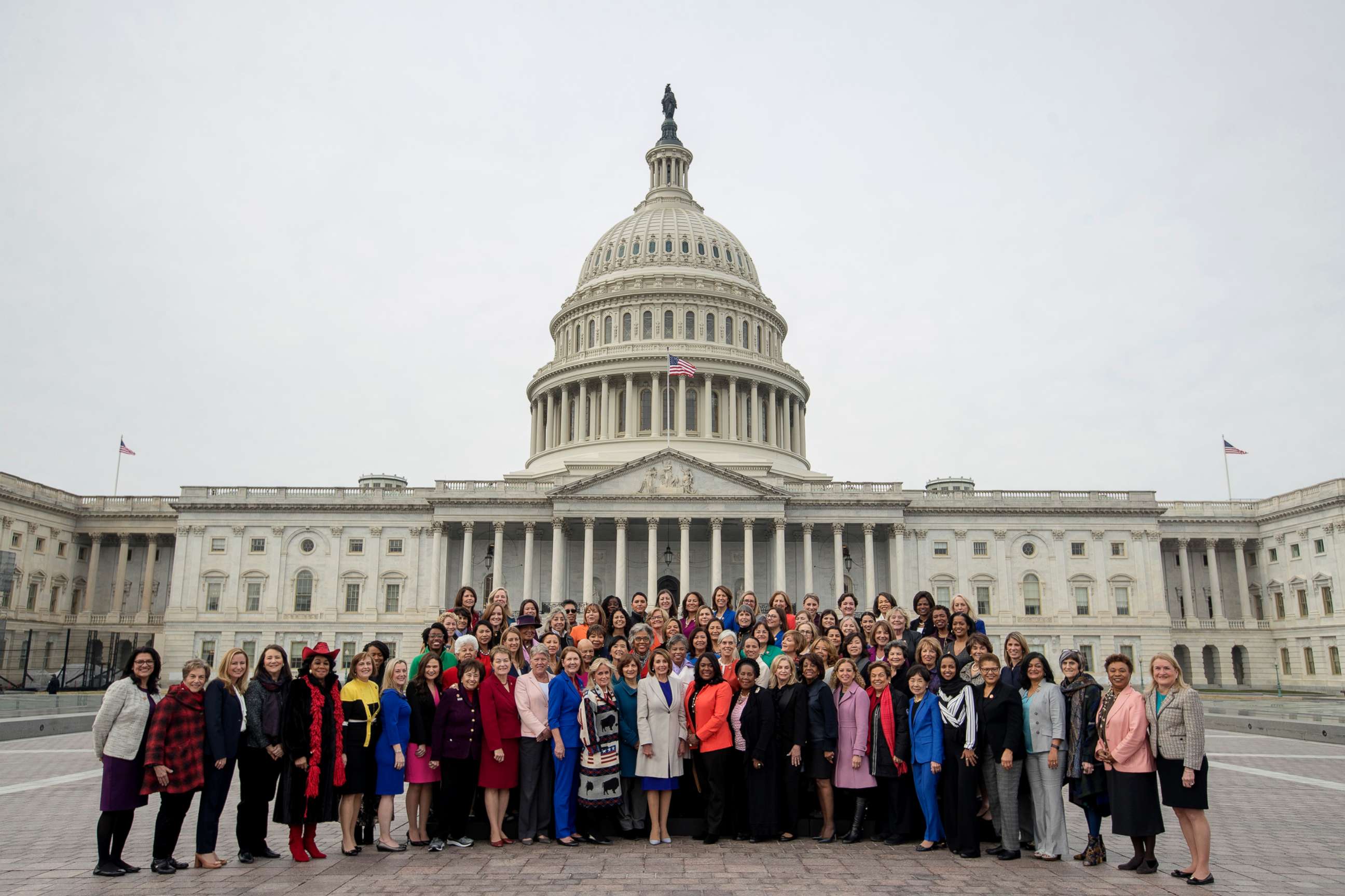 PHOTO: House Speaker Nancy Pelosi of Calif., center, poses with all House Democratic women members of the 116th Congress on the East Front Capitol Plaza on Capitol Hill in Washington, Jan. 4, 2019, as the 116th Congress begins.