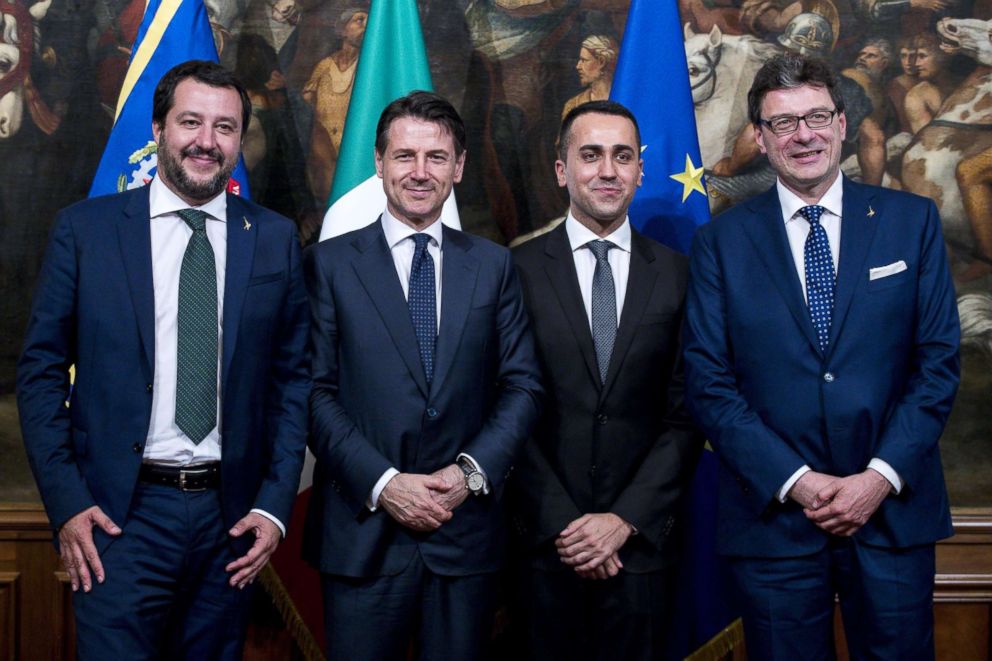 PHOTO: Minister of the Interior and League leader Matteo Salvini, Italian Prime Minister Giuseppe Conte, Economy Minister and M5S leader Luigi Di Maio, and Secretary of the Council of Ministers Giancarlo Giorgetti in Rome, June 1,2018.