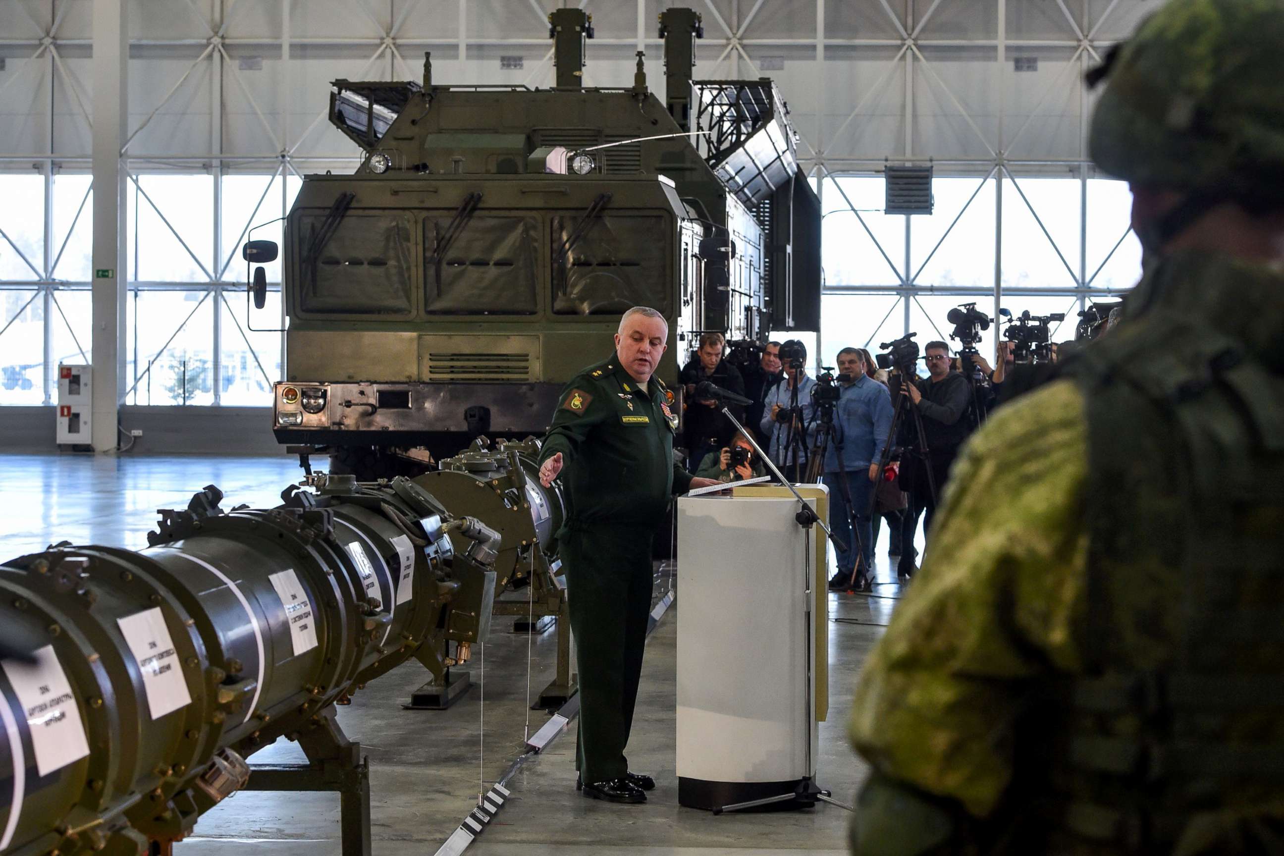 PHOTO: Russian Defence Ministry officials show off the new Russia's 9M729 missile at the military Patriot park outside Moscow, Jan. 23, 2019.