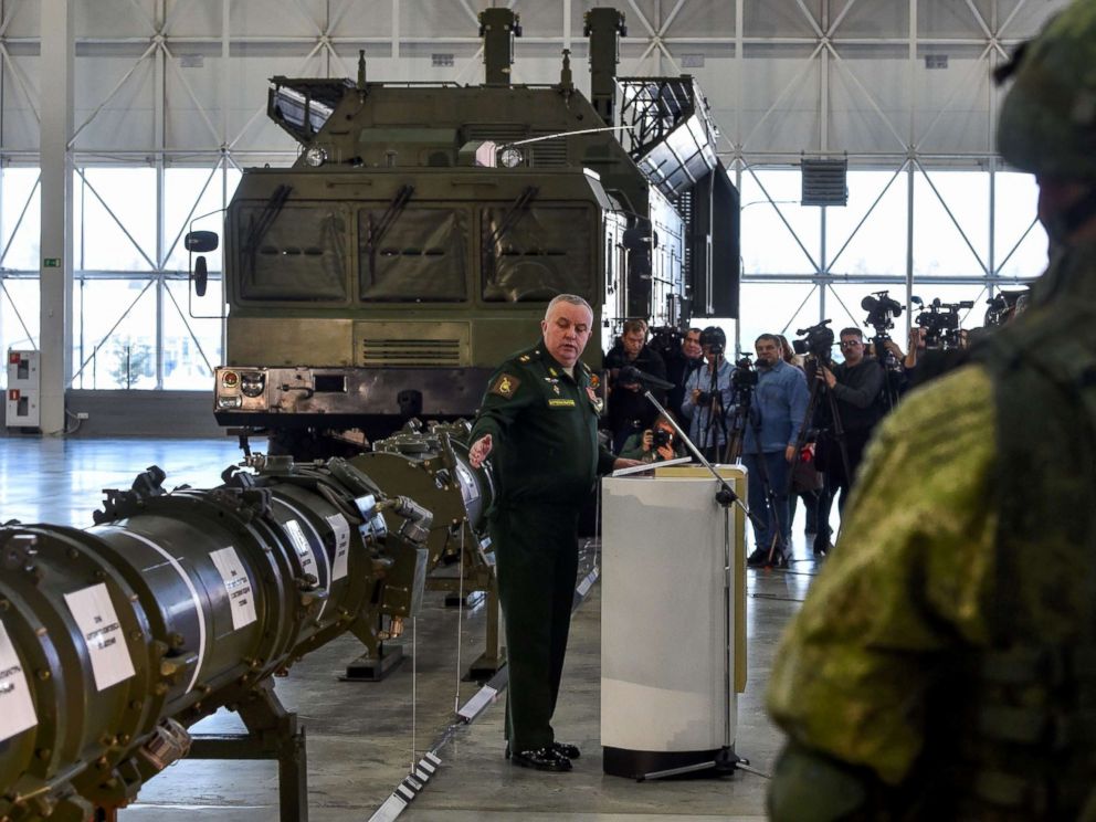 PHOTO: Russian Defence Ministry officials show off the new Russias 9M729 missile at the military Patriot park outside Moscow, Jan. 23, 2019.