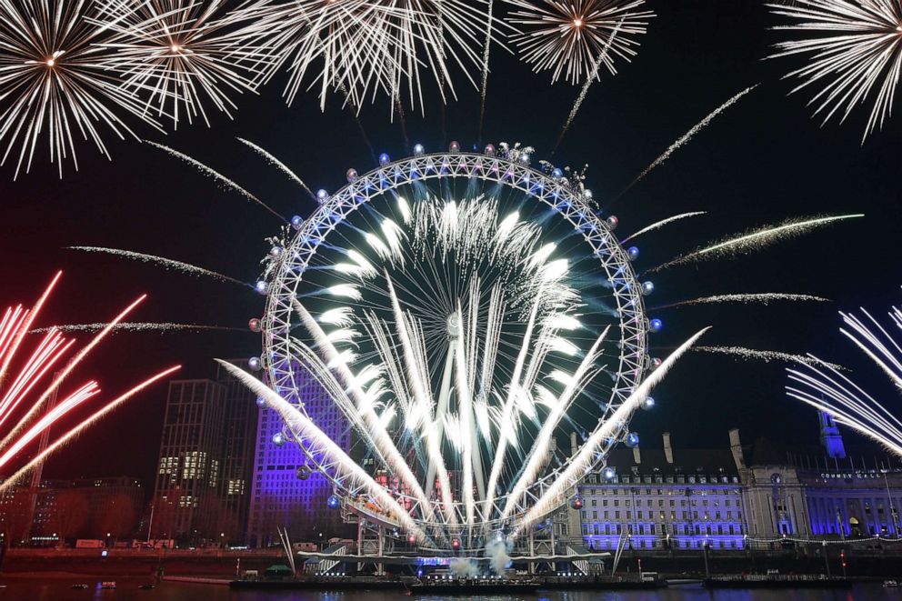 PHOTO: Fireworks explode around the London Eye during New Year's celebrations in central London, just after midnight, on Jan. 1, 2020.