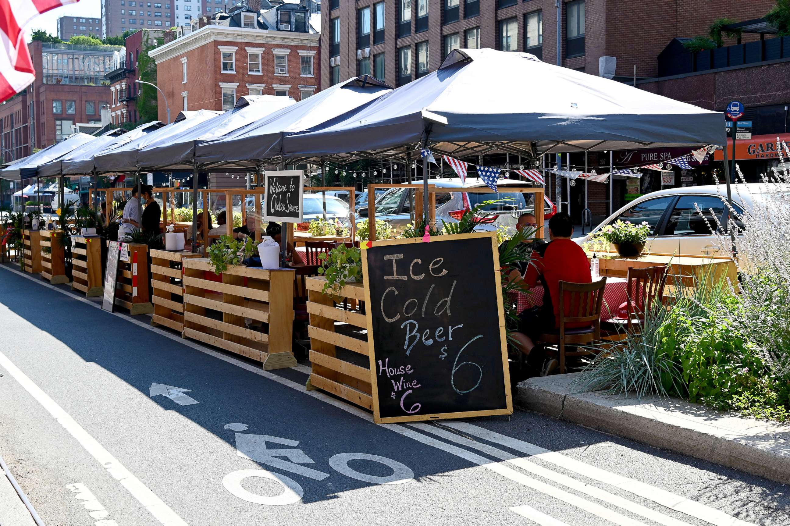 PHOTO: An outdoor dining area is seen as the city continues Phase 4 of re-opening following restrictions imposed to slow the spread of coronavirus on July 27, 2020 in New York City.