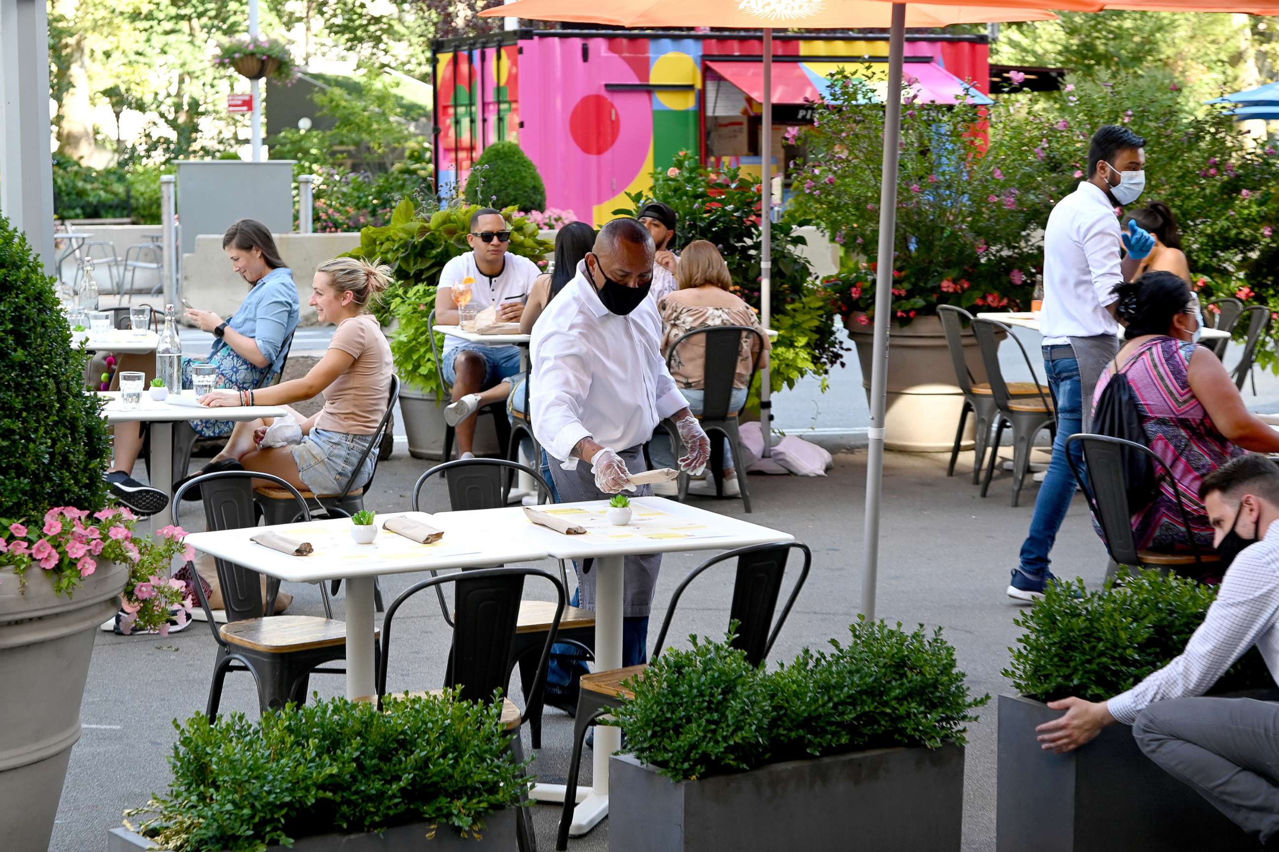 PHOTO: An outdoor dining area is seen as the city continues Phase 4 of re-opening following restrictions imposed to slow the spread of coronavirus on July 27, 2020, in New York.
