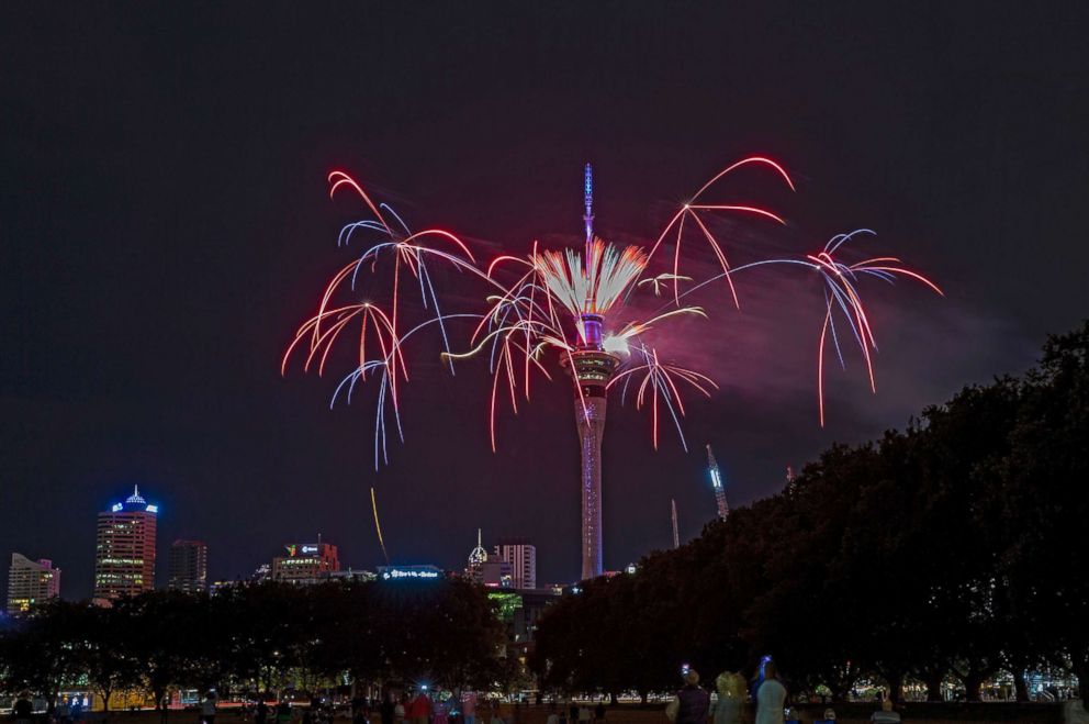 PHOTO: Over 5 minutes of fireworks from the Sky Tower welcome in the new year  during New Year's Eve celebrations, Jan. 1, 2018 in Auckland, New Zealand.