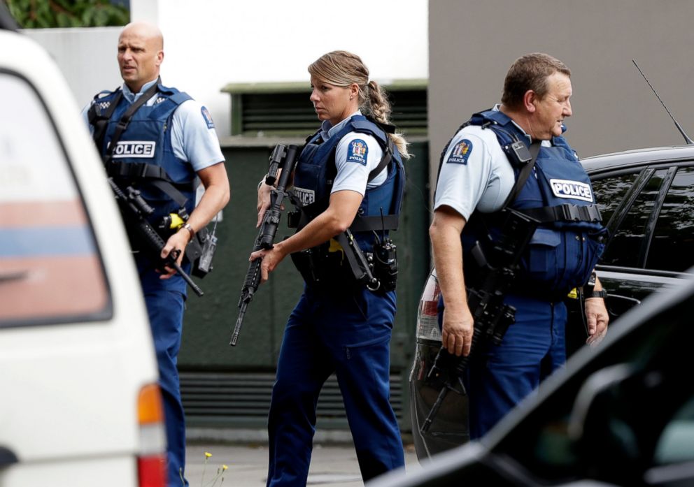 PHOTO: Armed police patrol outside a mosque in central Christchurch, New Zealand, Friday, March 15, 2019.