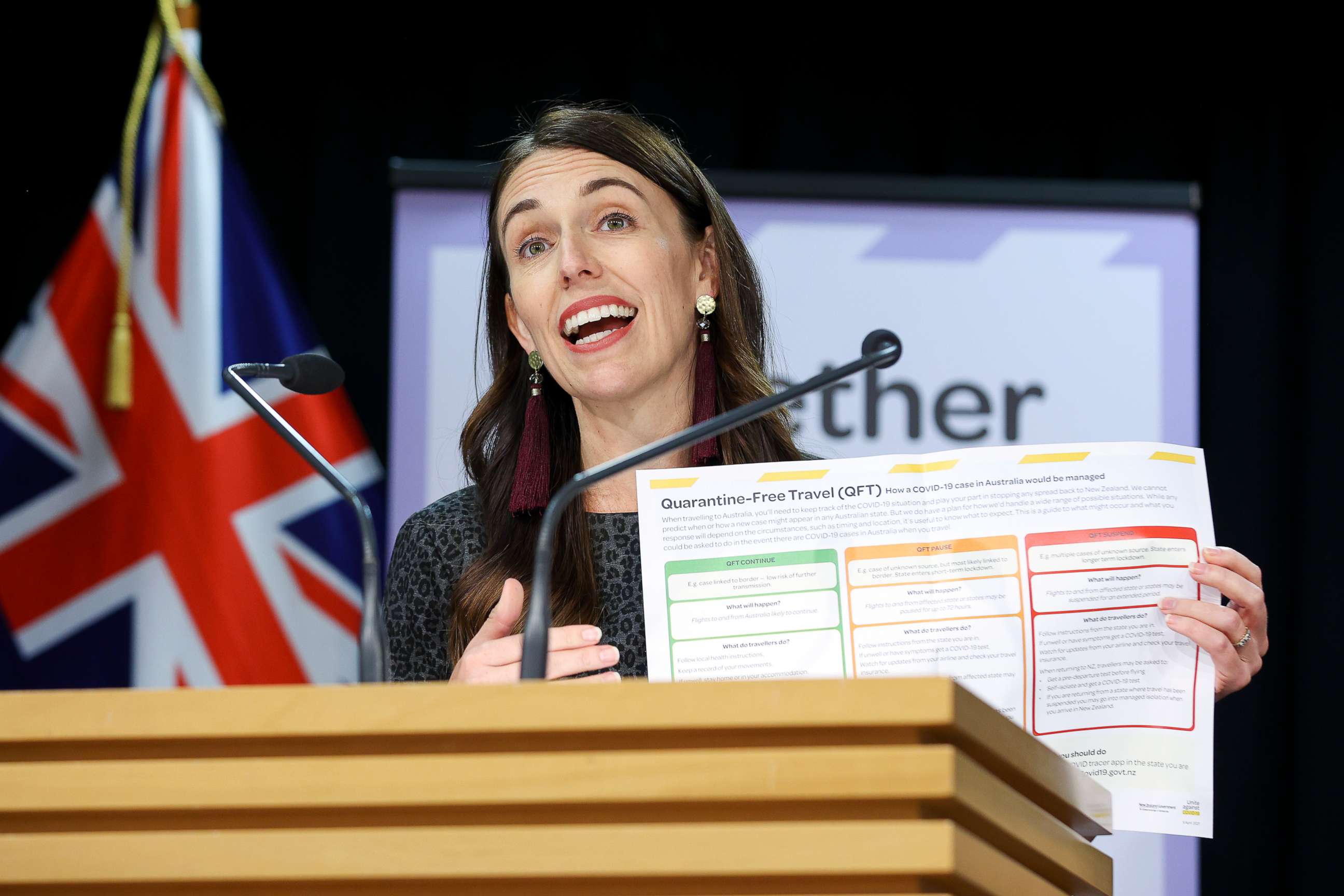 PHOTO: New Zealand Prime Minister Jacinda Ardern speaks during a press conference at Parliament in Wellington, New Zealand, on April 6, 2021, where she announced that quarantine-free travel with Australia will begin in less than two weeks.