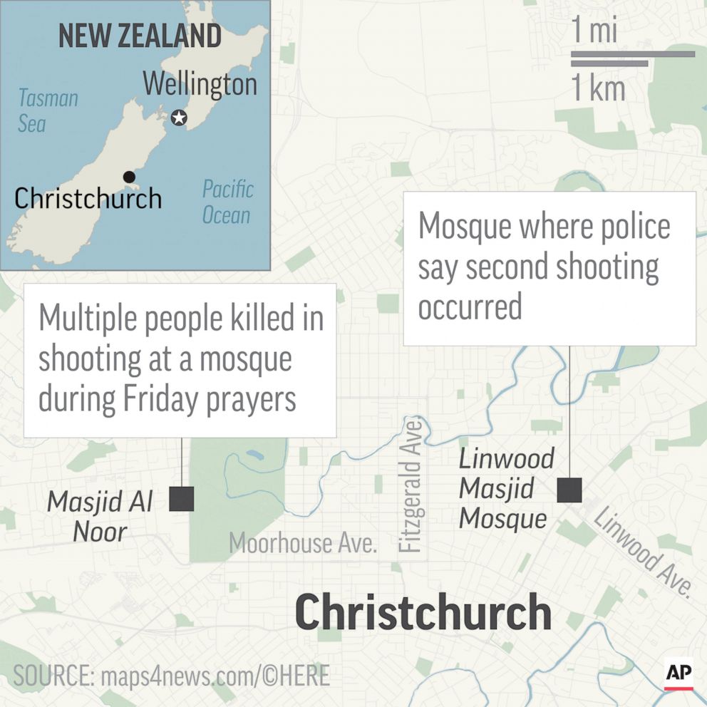 PHOTO: A map shows the location of two shootings in Christchurch, New Zealand, on Friday, March 15, 2019.