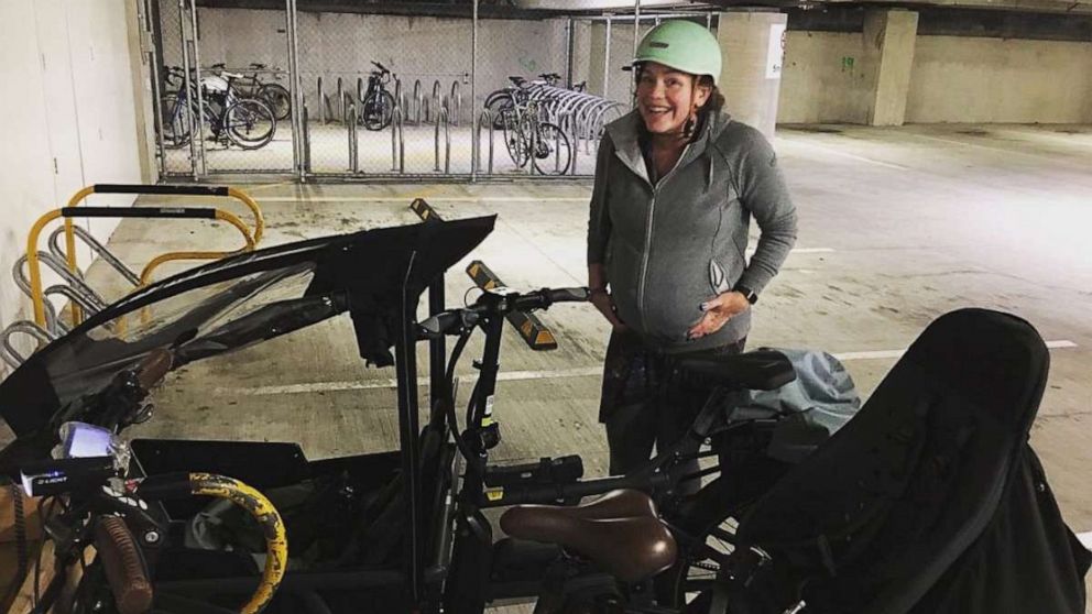 PHOTO: reen Party MP Julie Anne Genter rides a bicycle to the hospital while in labor, in Wellington, New Zealand, Nov. 28, 2021, in this picture obtained from social media.