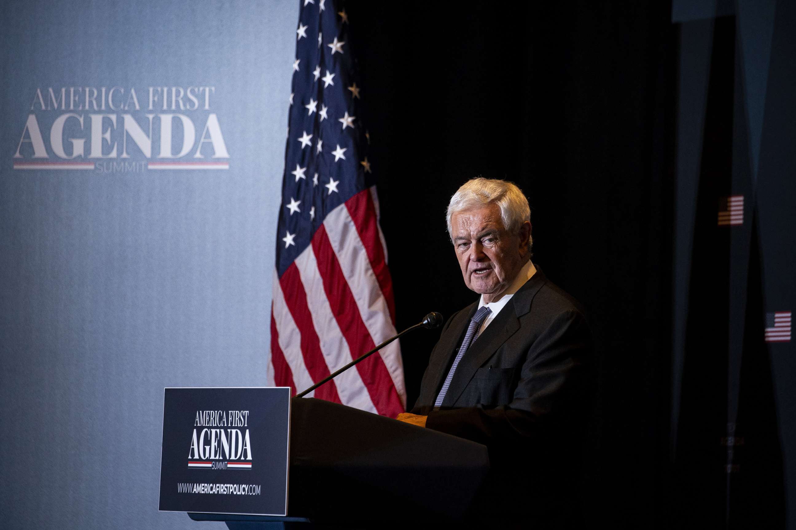 PHOTO: In this July 25, 2022, file photo, Newt Gingrich, former speaker of the US House of Representatives, speaks during the America First Policy Institute's America First Agenda summit in Washington, D.C.