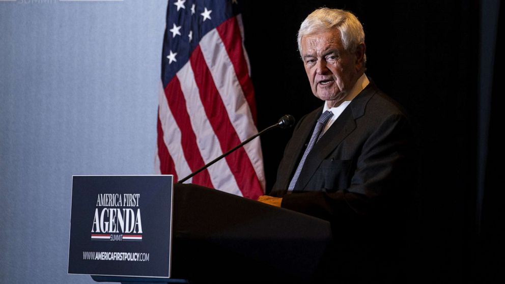 PHOTO: In this July 25, 2022, file photo, Newt Gingrich, former speaker of the US House of Representatives, speaks during the America First Policy Institute's America First Agenda summit in Washington, D.C.