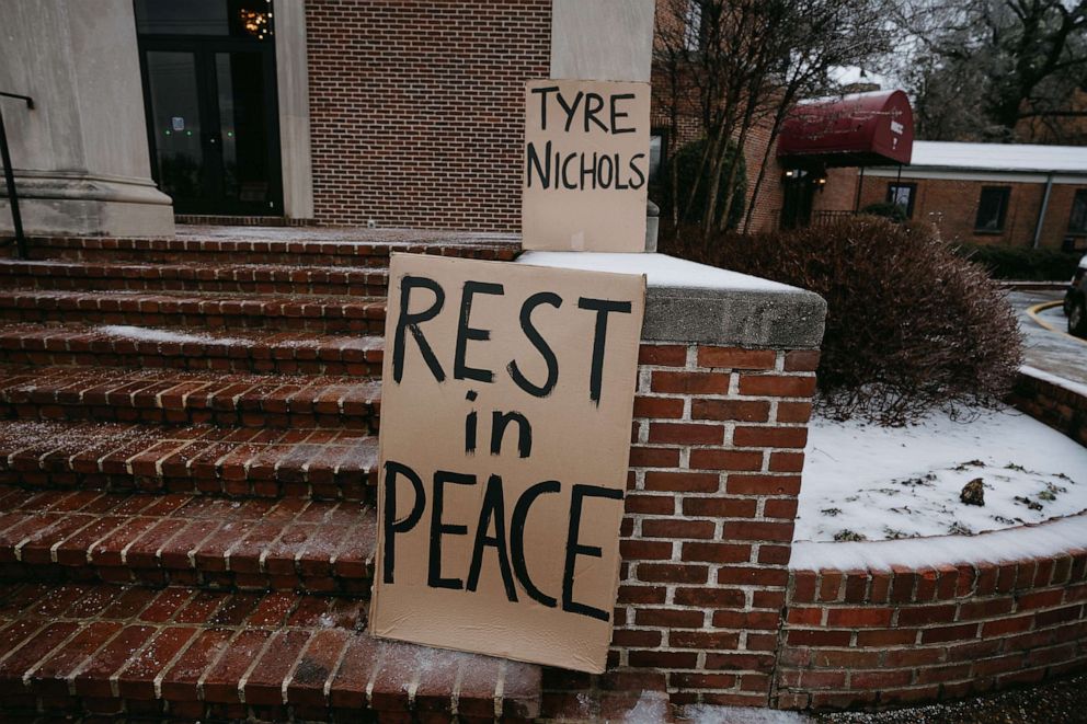 PHOTO: Signs rest on the steps of Mississippi Boulevard Christian Church on the morning of Tyre Nichols' funeral on Feb. 1, 2023 in Memphis, Tenn.